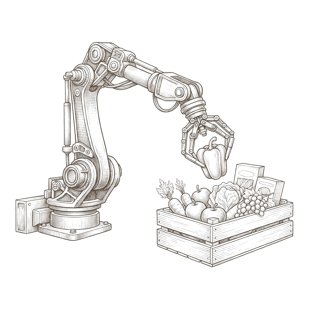 Engraving illustration of a robotic arm picking and placing grocery items