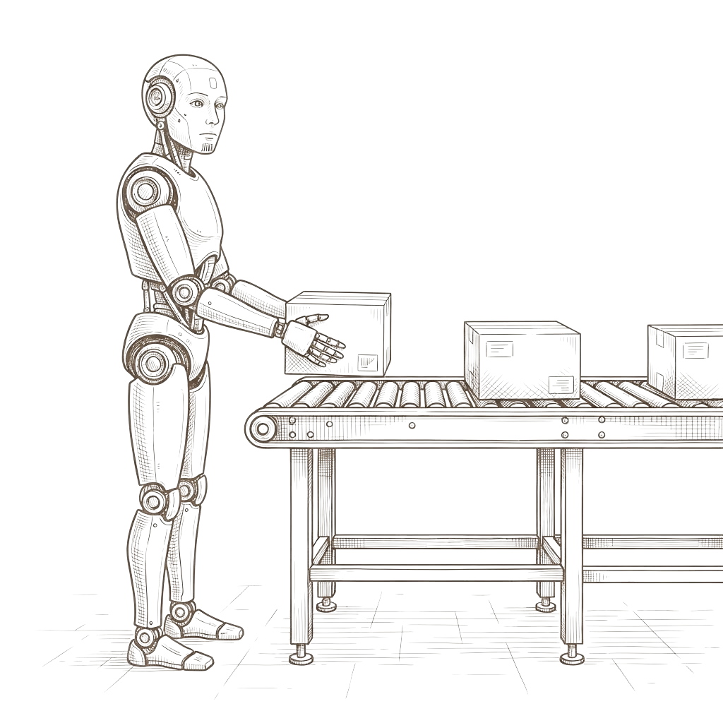 Engraving illustration of a humanoid robot placing a parcel onto a factory conveyor line